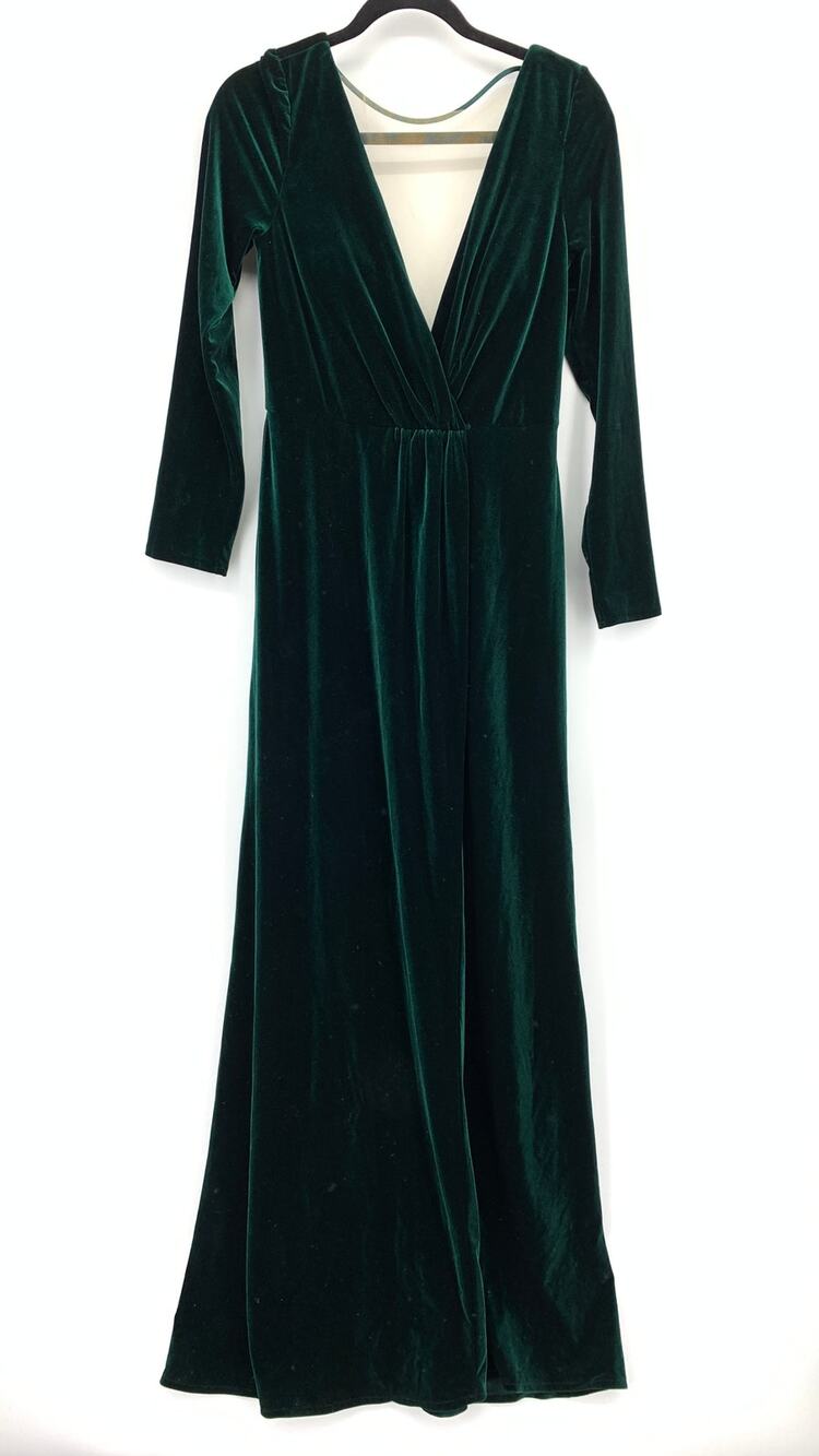 Jenny Yoo Collection Sz 8 Green Velvet Maxi Dress Long Sleeve Deep V Formal Gown